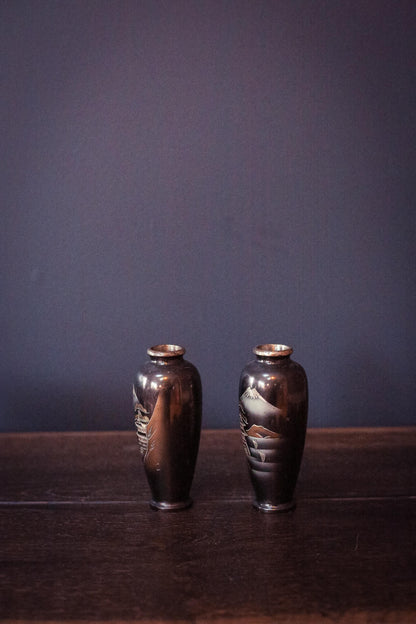 Pair of Mt Fuji Scenic Chokin Metalwork Vases - Vintage Japanese Metal Vases