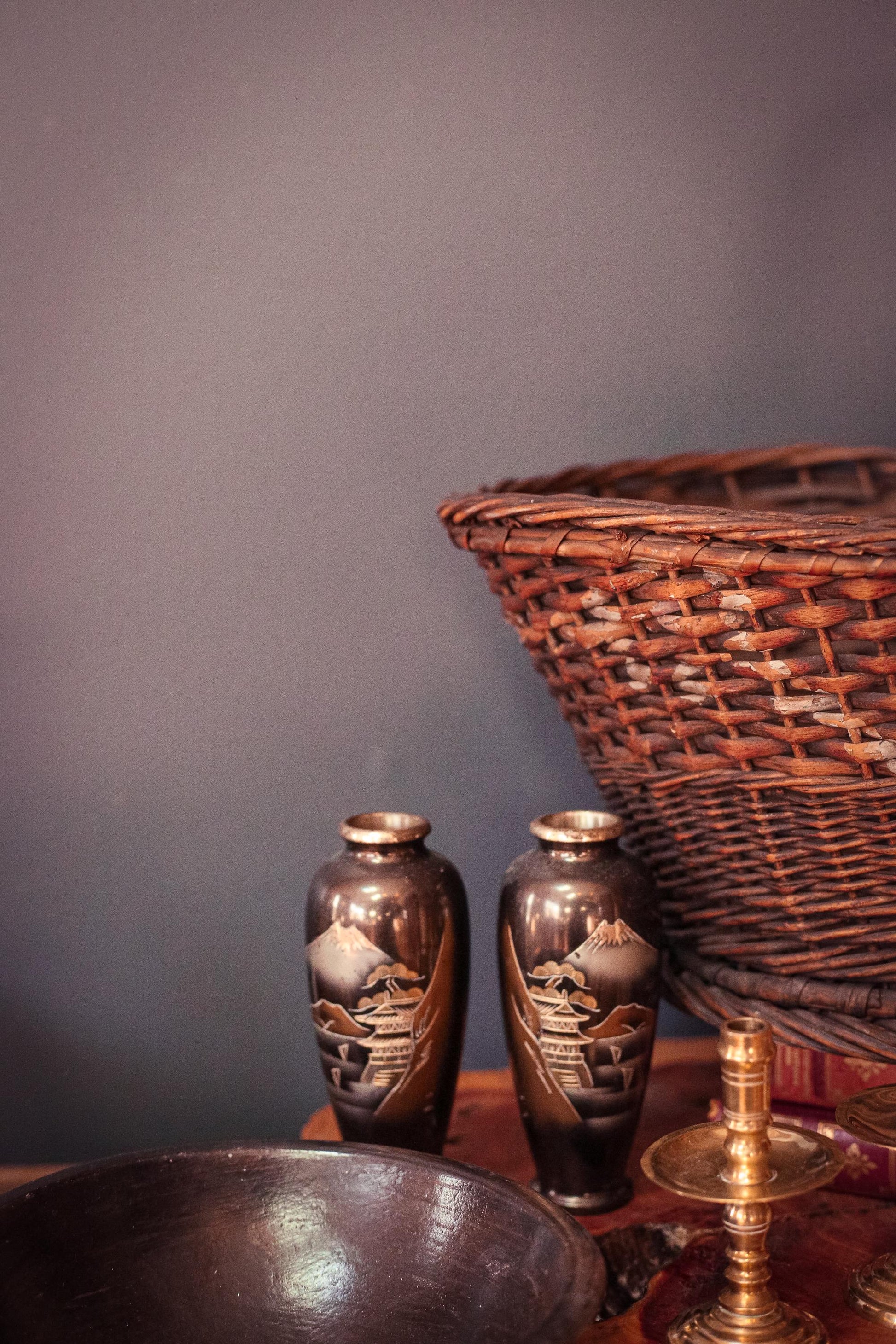 Pair of Mt Fuji Scenic Chokin Metalwork Vases - Vintage Japanese Metal Vases