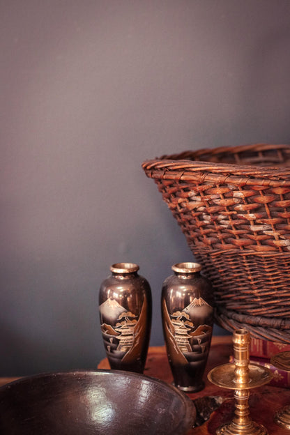 Pair of Mt Fuji Scenic Chokin Metalwork Vases - Vintage Japanese Metal Vases