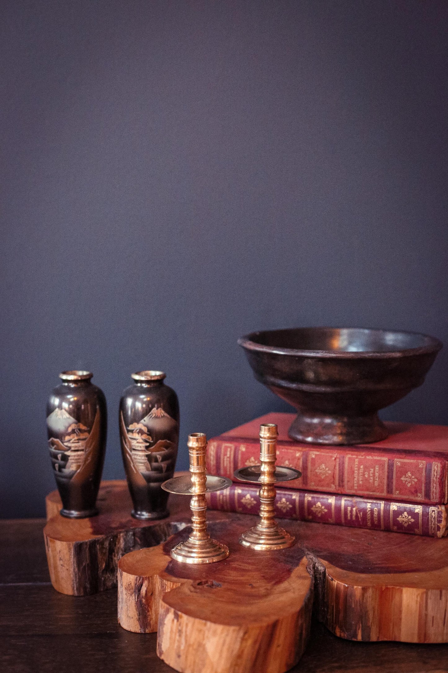 Pair of Mt Fuji Scenic Chokin Metalwork Vases - Vintage Japanese Metal Vases