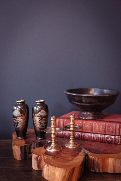 Pair of Mt Fuji Scenic Chokin Metalwork Vases - Vintage Japanese Metal Vases