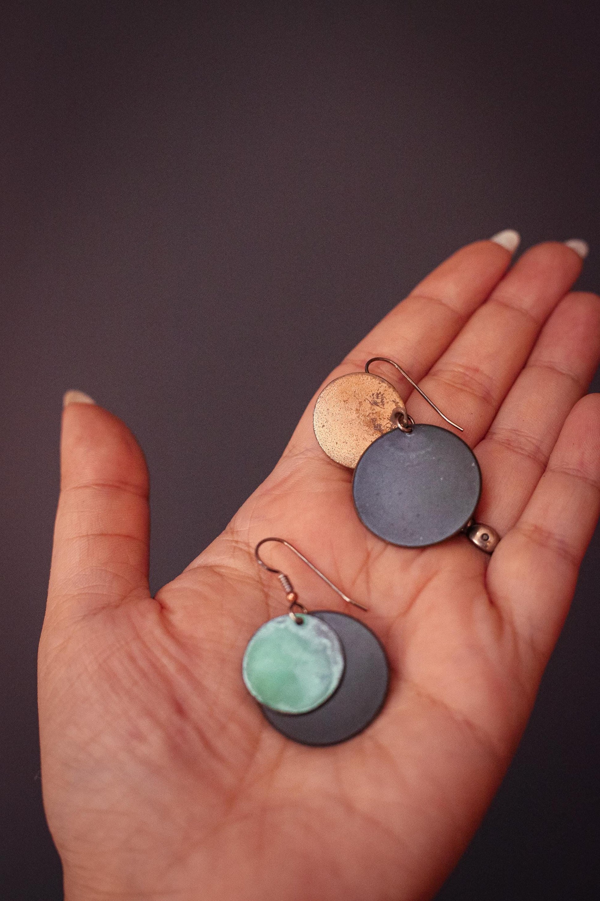 Eclipse Metal and Copper Circle Earrings - Vintage Mixed Metal Circular Earrings