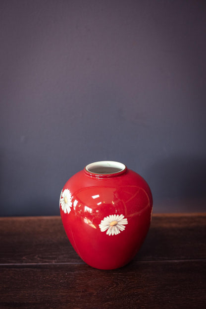 Noritake Red/Orange Vase with White Daisy - Vintage Japanese Vase