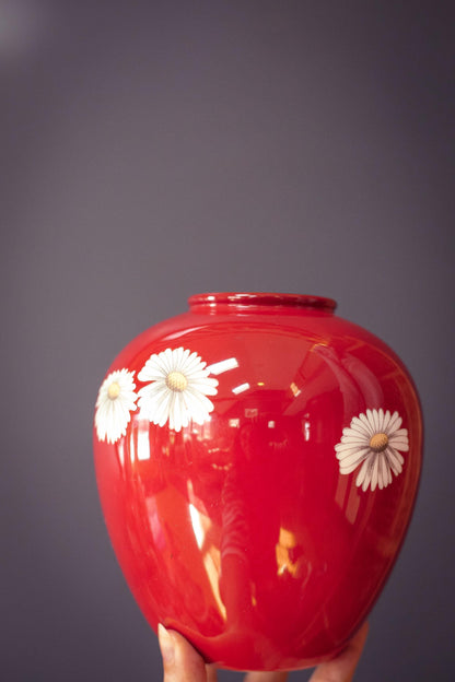 Noritake Red/Orange Vase with White Daisy - Vintage Japanese Vase