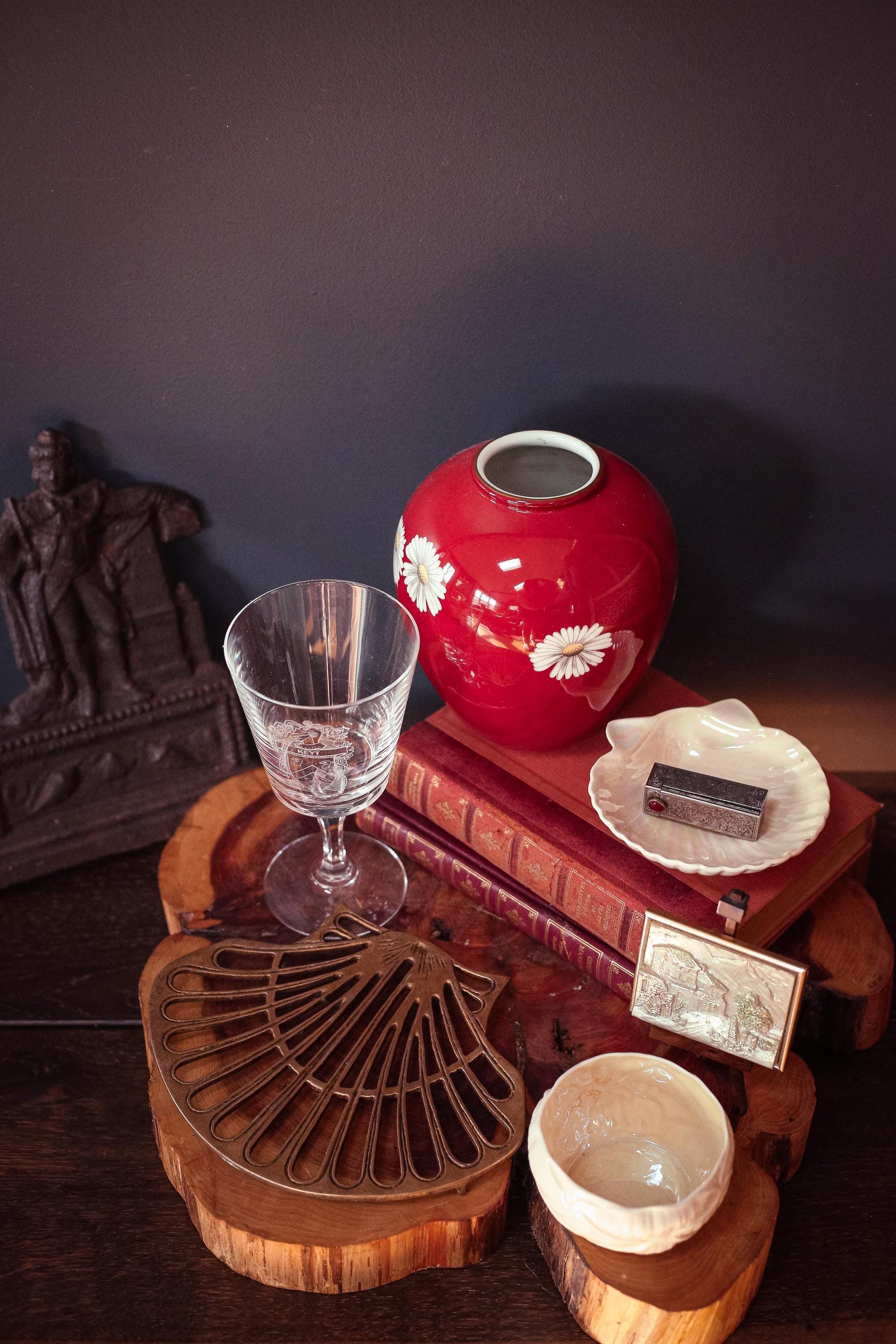 Noritake Red/Orange Vase with White Daisy - Vintage Japanese Vase