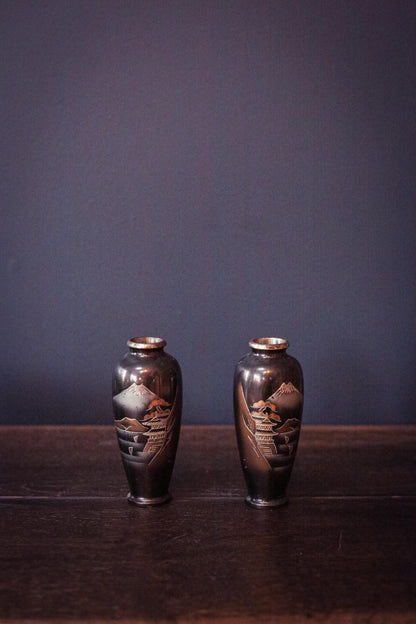 Pair of Mt Fuji Scenic Chokin Metalwork Vases - Vintage Japanese Metal Vases
