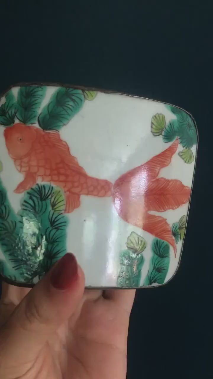 Silver and Porcelain Chinese Shard Box Trinket/Jewelry Box with Hand Painted Koi Lid - Antique Jewelry Box with Orange Fish