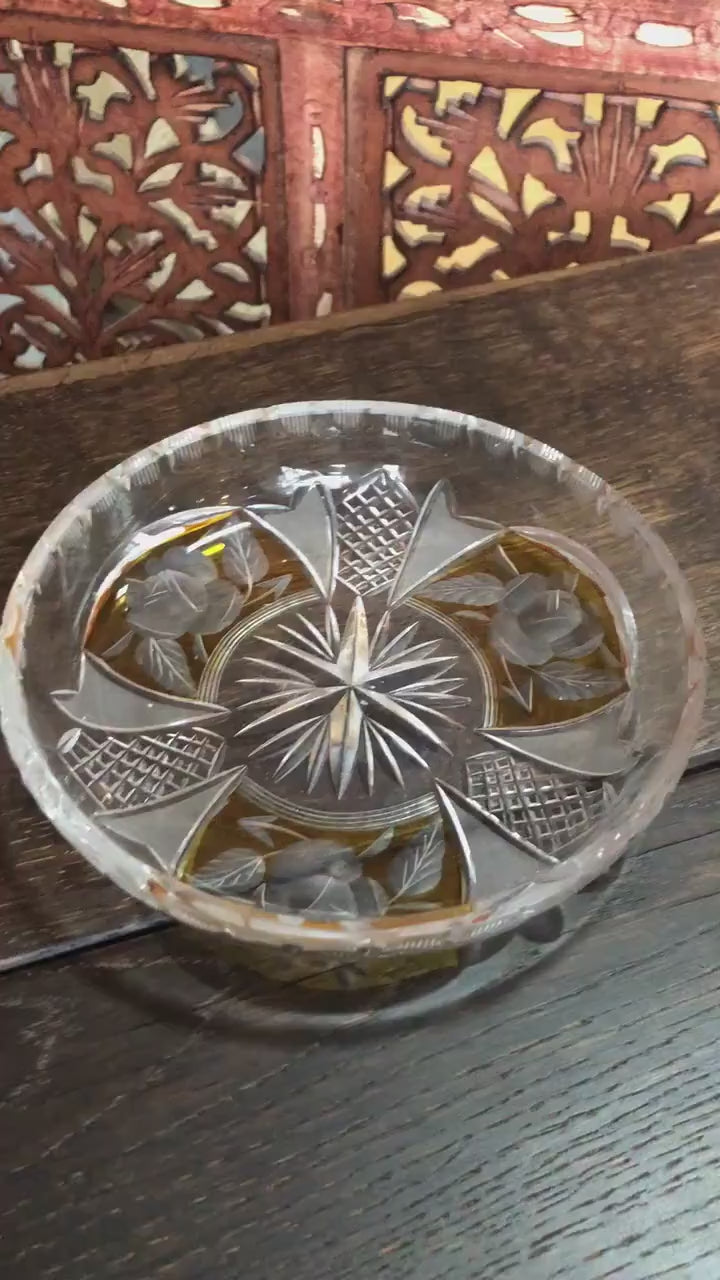Clear and Yellow Cut Glass Ring Dish - Midcentury Modern Vintage Leaded Glass Dish Ash Tray