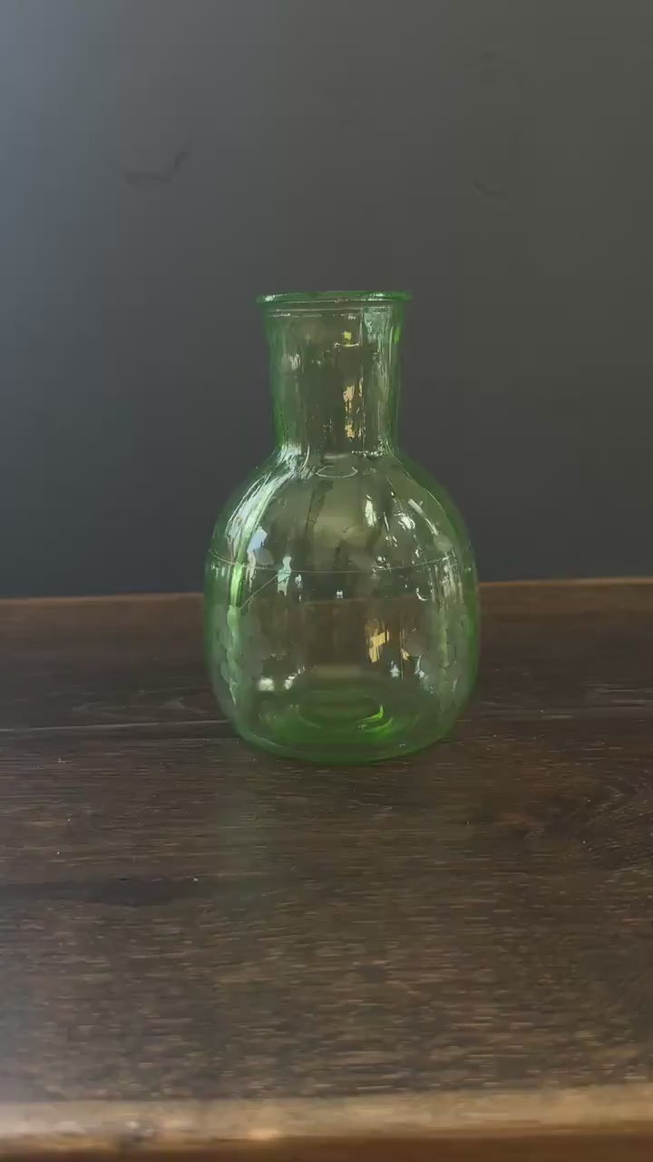 Green Uranium Glass Vase/Carafe - Vintage Depression Vaseline Glass Bottle