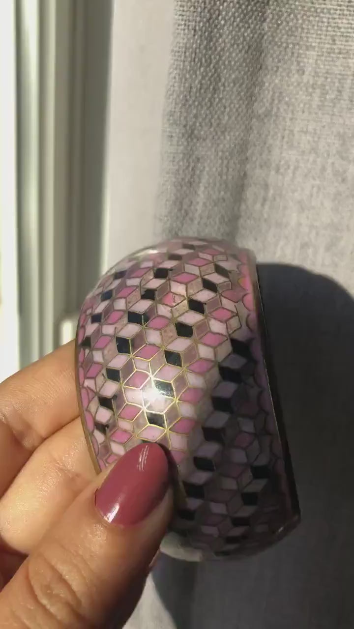 Vintage Cloisonne Geometric Patterned Bangle Brass Enamel Bracelet - Purple/Mauve/Pink Enameled Brass Wrist Cuff Collectible Jewelry