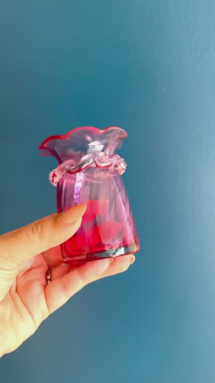 Small Cranberry Glass Vase with Ruffled Edge - Vintage Studio Art Glass Vase by Pilgrim Glass Made in USA