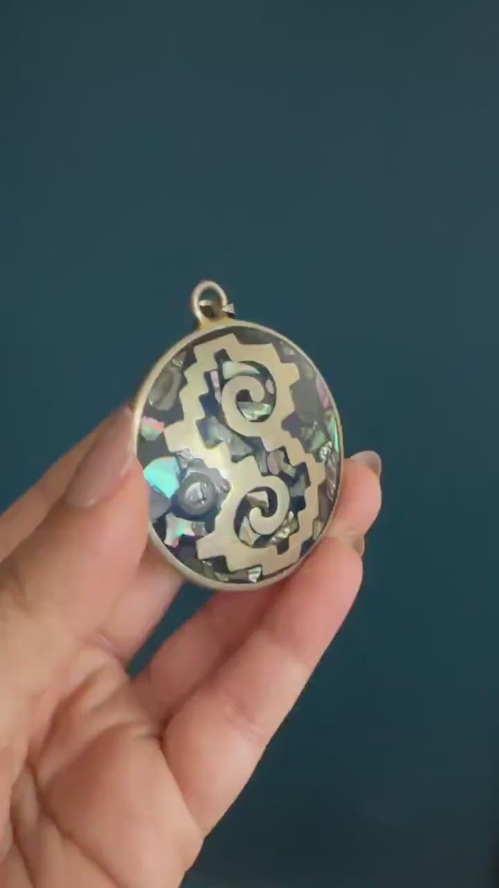 Mexican Sterling Silver Abalone Pendant Reversible - Vintage Estate Jewelry Two sided Aztec Warrior Geometric Necklace