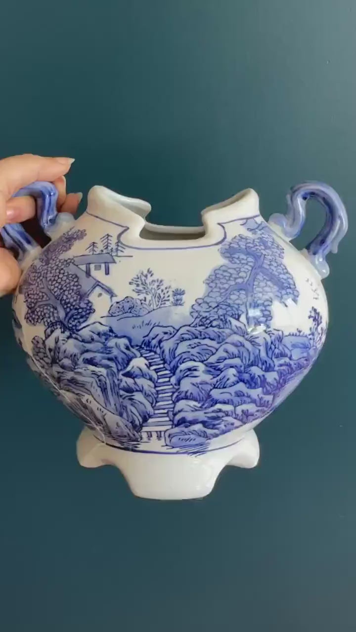 Large Blue White Porcelain Scenic Vase with Handles - Vintage Hand Painted Chinese Vase