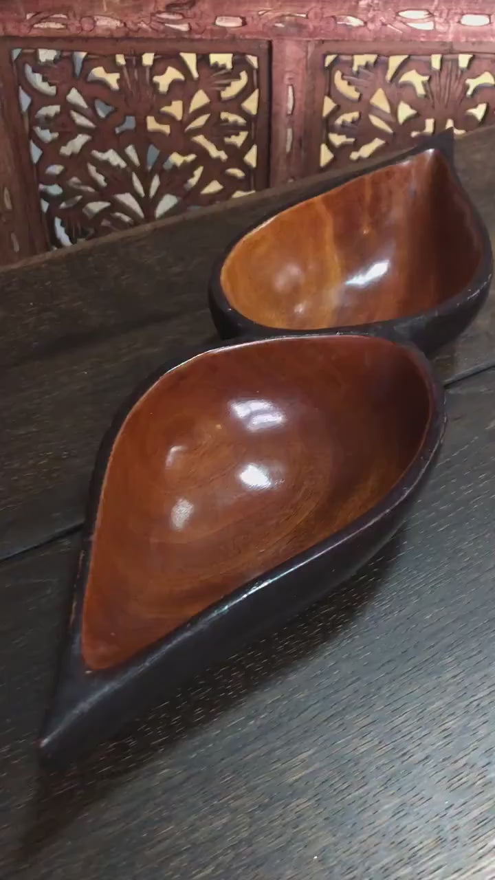 Vintage Hand Carved Wood Divided Bowl - Midcentury Modern Wooden Tableware/Barware Server