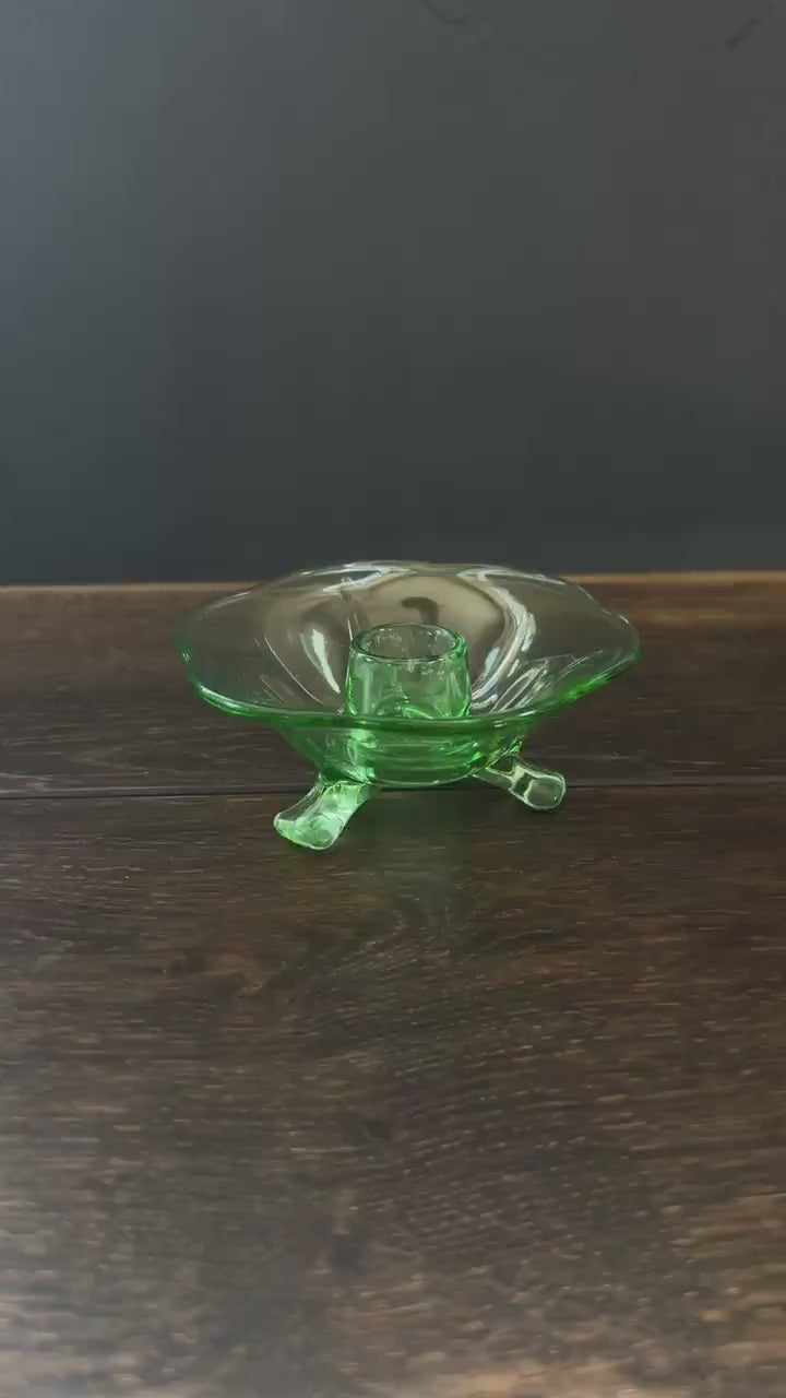 Green Lotus Uranium Glass Candle Holders by Fenton  - Vintage Vaseline Depression Glass