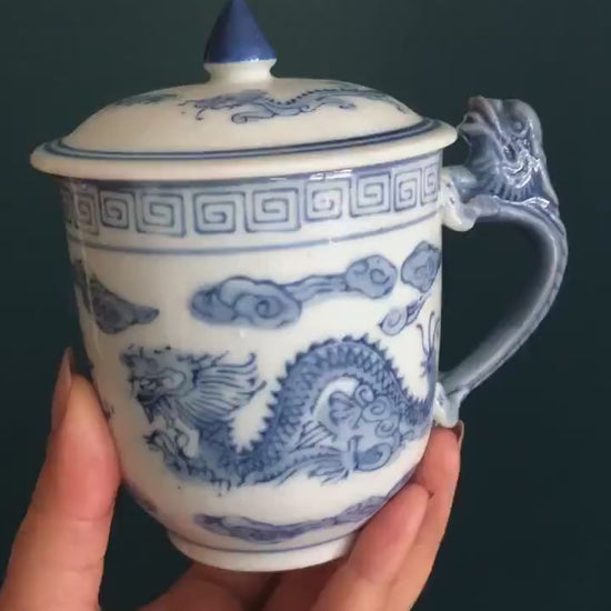 Pair of Blue White Dragon Cups with Shaped Handle & Lids - Mismatched Vintage Porcelain Tea/Coffee Cups with Lids