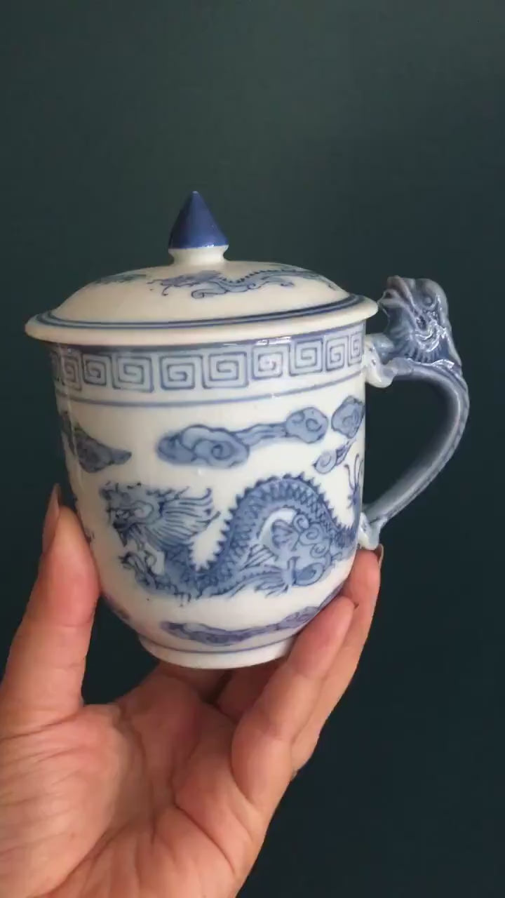Pair of Blue White Dragon Cups with Shaped Handle & Lids - Mismatched Vintage Porcelain Tea/Coffee Cups with Lids