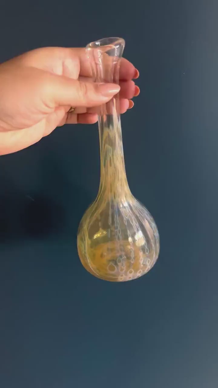 Yellow and Clear Studio Glass Vase with Iridescent Finish - Vintage Hand Blow Glass Bud Vase