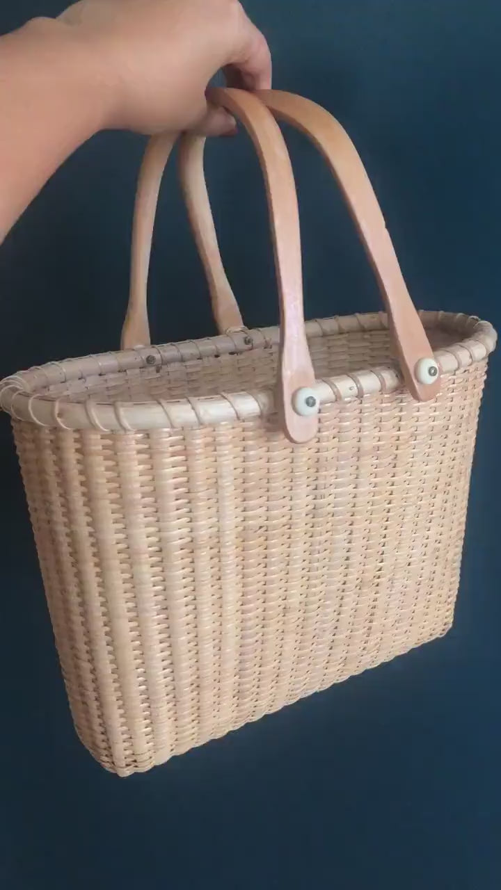 Skinny Nantucket Basket with Handles & Flat Wood Bottom - Vintage Nantucket Basket Purse