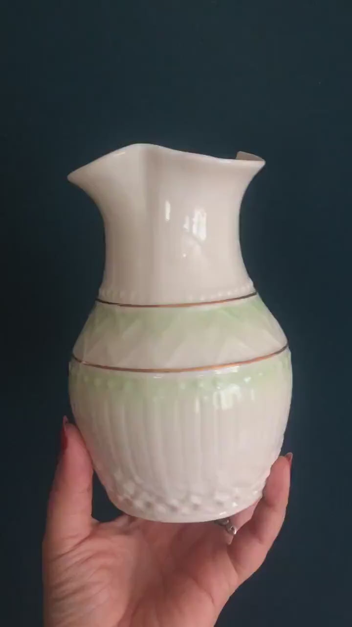Belleek Ireland Ivory Green Gold Porcelain Flower Vase - Vintage Gilded Porcelain Floral Vase Colonial Pattern