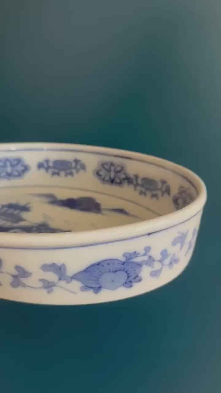 Vintage Oval Blue & White Handpainted Jardiniere - Chinese Scenic Oval Platter