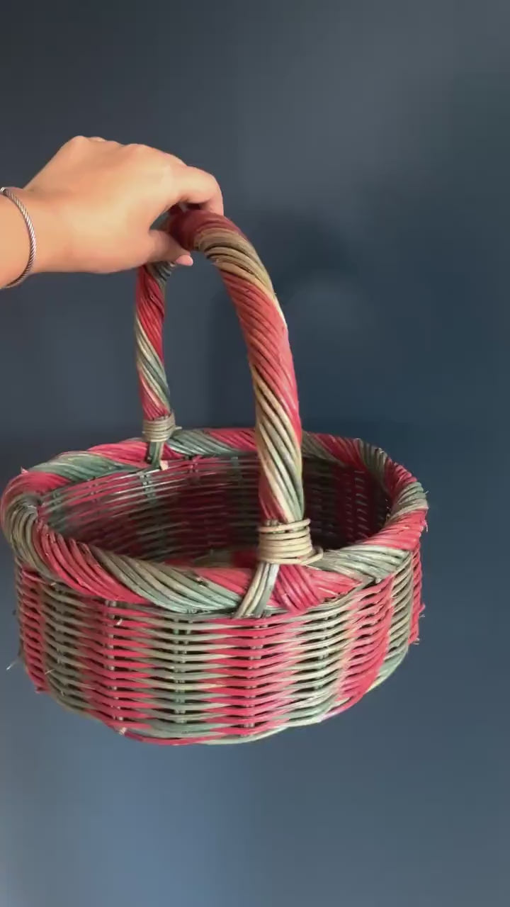 Red & Green Candy Cane Stripe Wicker/Rattan Christmas Basket - Vintage Basket Holiday Decor