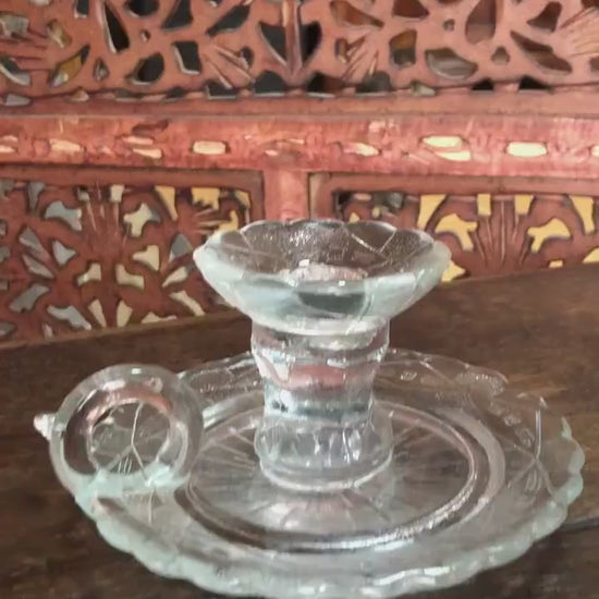 EAPG Clear Chamber Candle Base with Handle - Vintage Geometric Cut Glass Candle Holder