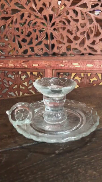 EAPG Clear Chamber Candle Base with Handle - Vintage Geometric Cut Glass Candle Holder