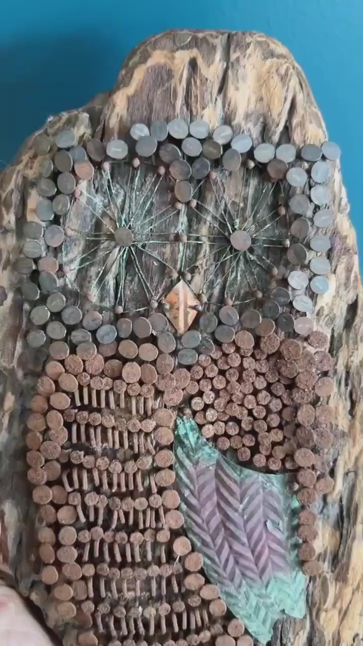 Rustic Mixed Metal Wood Folk Art Owl Wall Hanging - Vintage Owl Brutalist Owl Art Piece Wooden Art Piece with Nails, Staples, Wire