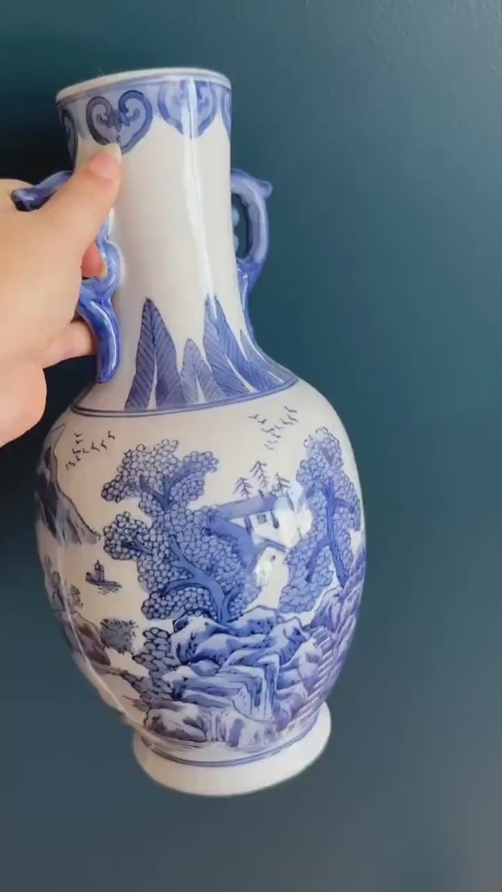 Tall Blue White Scenic Porcelain Vase with Handles - Vintage Chinese Hand Painted Scenic Vase
