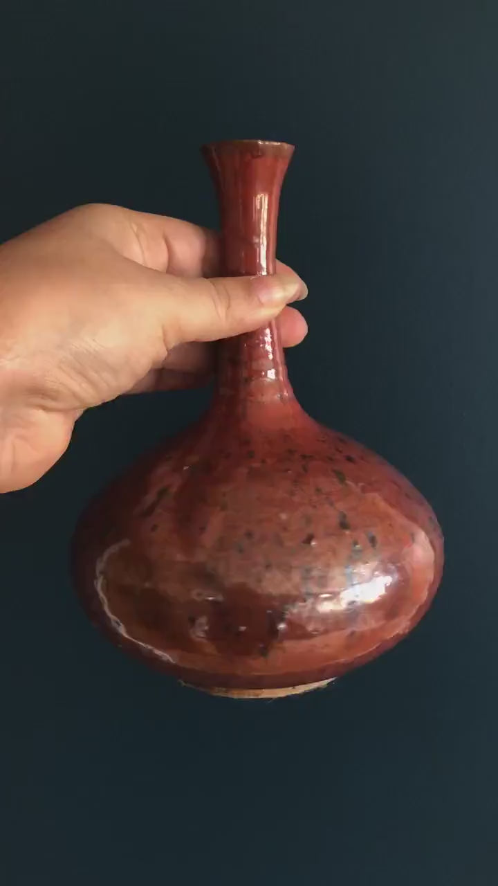 Narrow Neck Studio Pottery Vase in Rust Red with Silver Speckle Glaze - Vintage Hiller Signed Studio Hand Thrown Vase