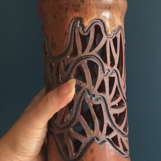Vintage Kris Pixton Studio Pottery Reticulated Hurricane Vase - Tall Earth Tone Hand Thrown & Hand Carved Ceramic Vessel
