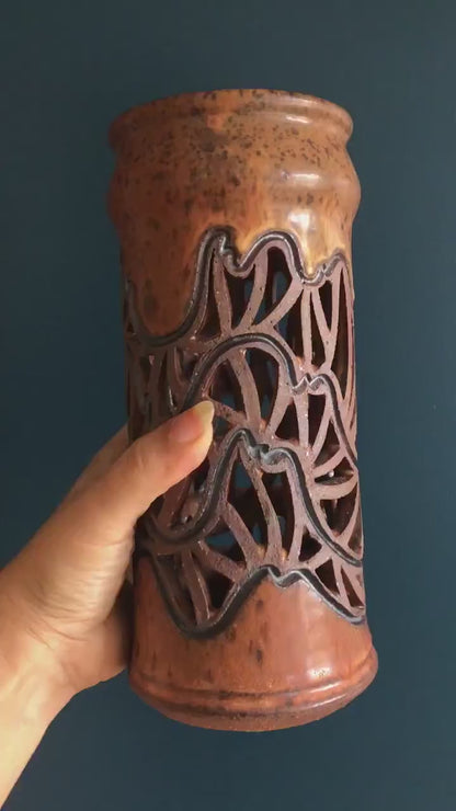 Vintage Kris Pixton Studio Pottery Reticulated Hurricane Vase - Tall Earth Tone Hand Thrown & Hand Carved Ceramic Vessel