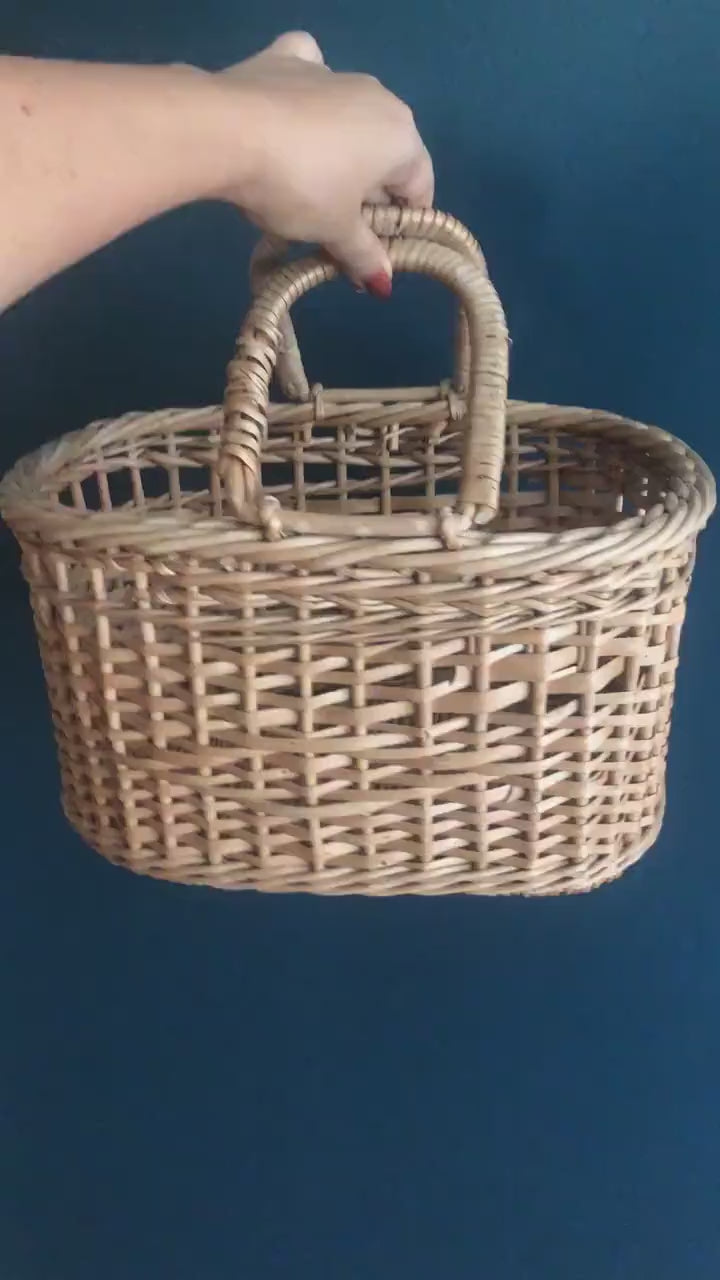 Oval Flat Bottom Basket Purse with Handles - Vintage Market Basket with Handles