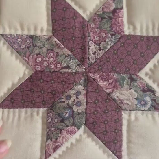 Star Quilt Panels in Purple and Green with Wood Frame - Vintage Framed Handmade Quilt Panels