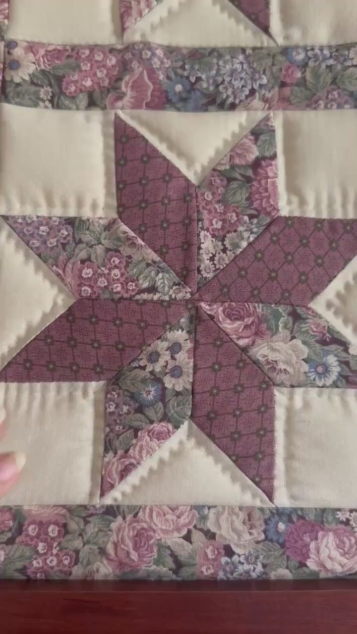 Star Quilt Panels in Purple and Green with Wood Frame - Vintage Framed Handmade Quilt Panels