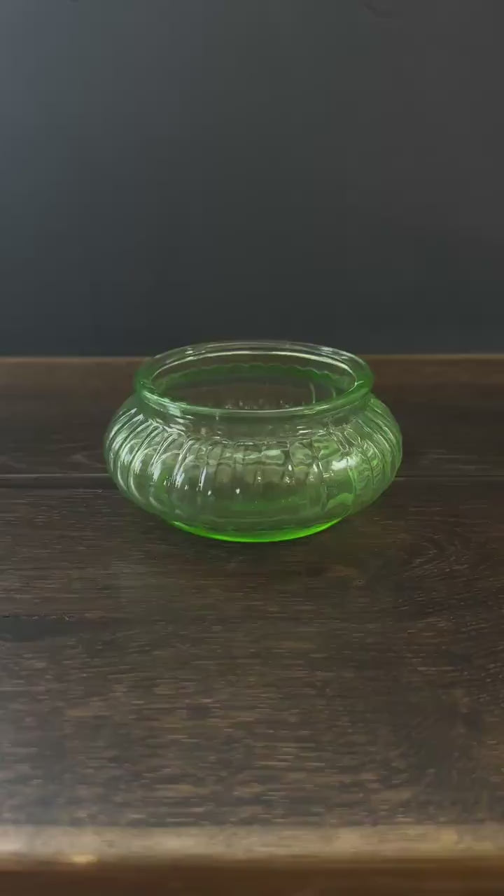 Green Uranium Glass Bowl - Vintage Vaseline Depression Glass Dish