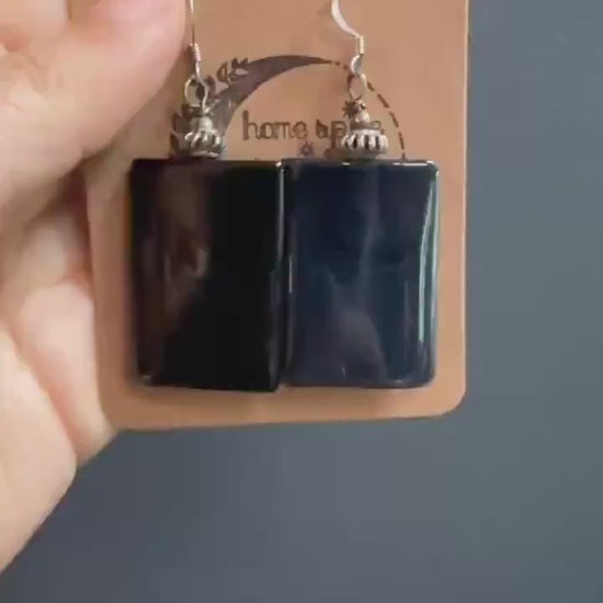 Silver & Black and Grey Agate Earrings - Vintage Black Stone Earrings