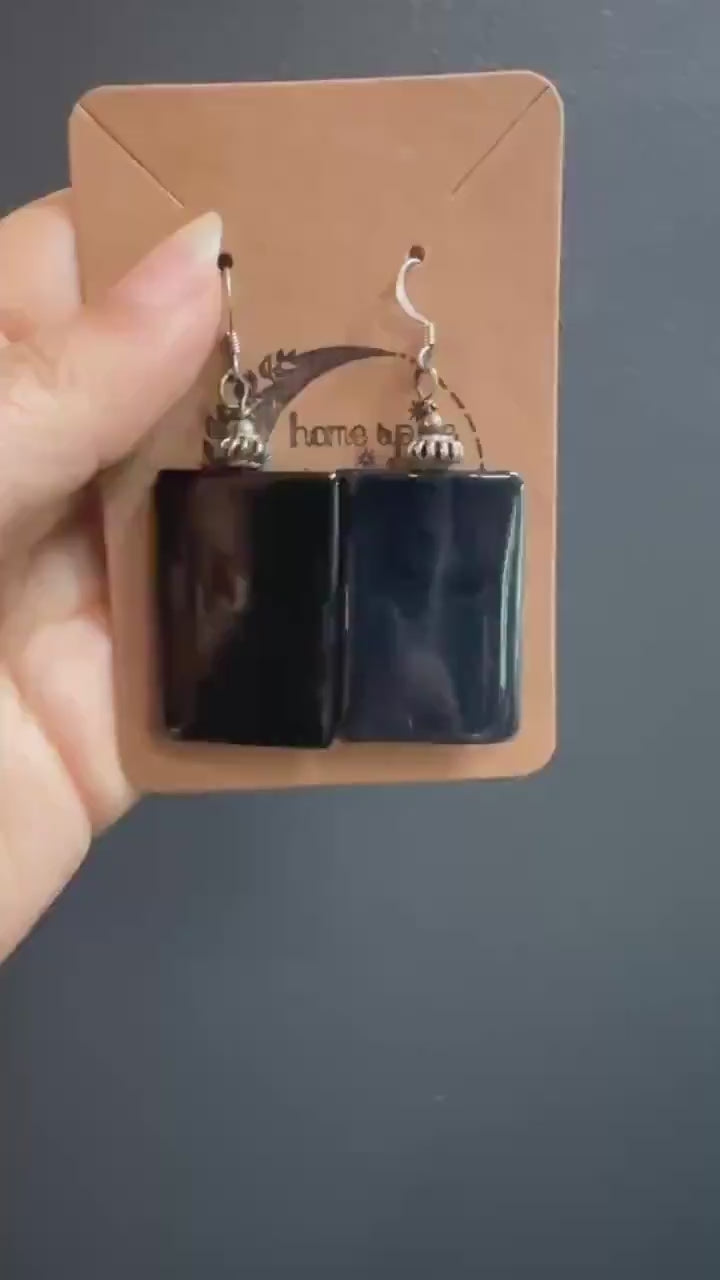 Silver & Black and Grey Agate Earrings - Vintage Black Stone Earrings