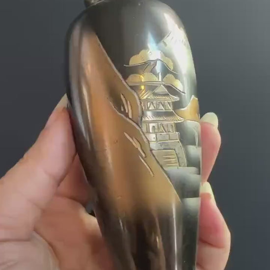 Pair of Mt Fuji Scenic Chokin Metalwork Vases - Vintage Japanese Metal Vases