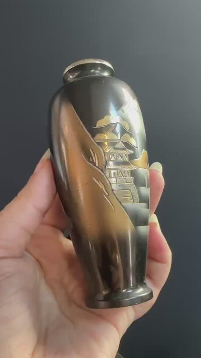 Pair of Mt Fuji Scenic Chokin Metalwork Vases - Vintage Japanese Metal Vases