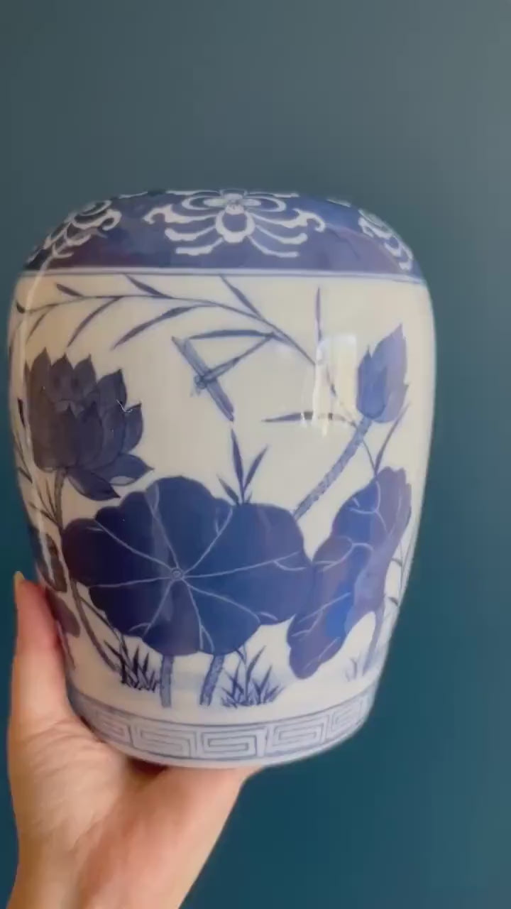 Blue & White Porcelain Hand Painted Vase with Lotus Dragonfly - Vintage Blue White Round Ceramic Vase