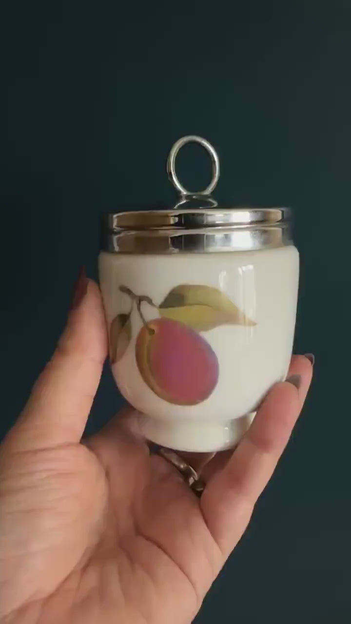 Royal Worcester Printed Porcelain Lidded Egg Cup - Vintage Lidded Egg Cup Porcelaina nd Metal