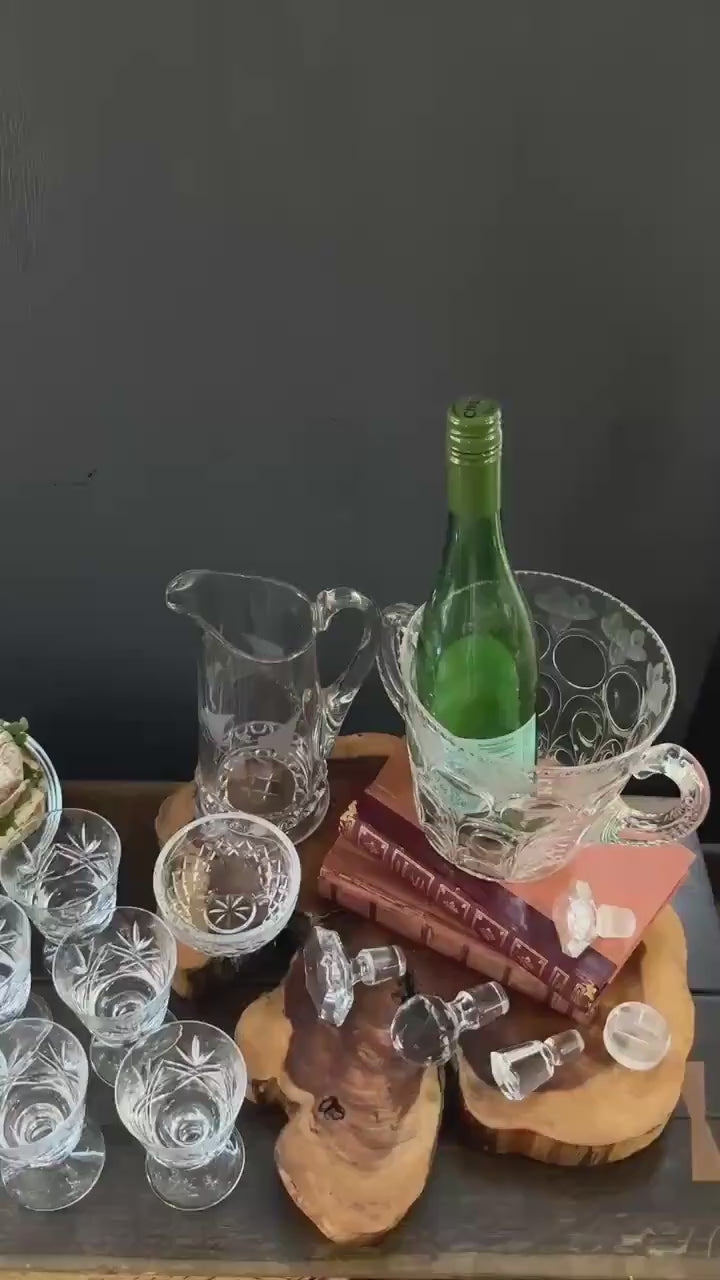 Cut Glass Ice Bucket - Vintage Etched Floral Geometric Ice Bucket