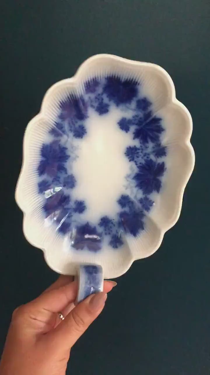 Scalloped Rectangular Blue Flow Ironstone Plate with Handle - Antique Gefle Sweden Vinranka Percy Blue & White Ironstone Dish