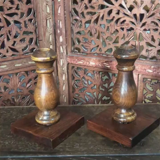 Pair of Hand Carved Wooden Candle Holders - Wood Taper/Candlestick Holder