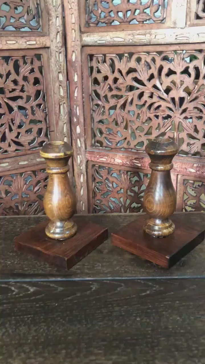 Pair of Hand Carved Wooden Candle Holders - Wood Taper/Candlestick Holder