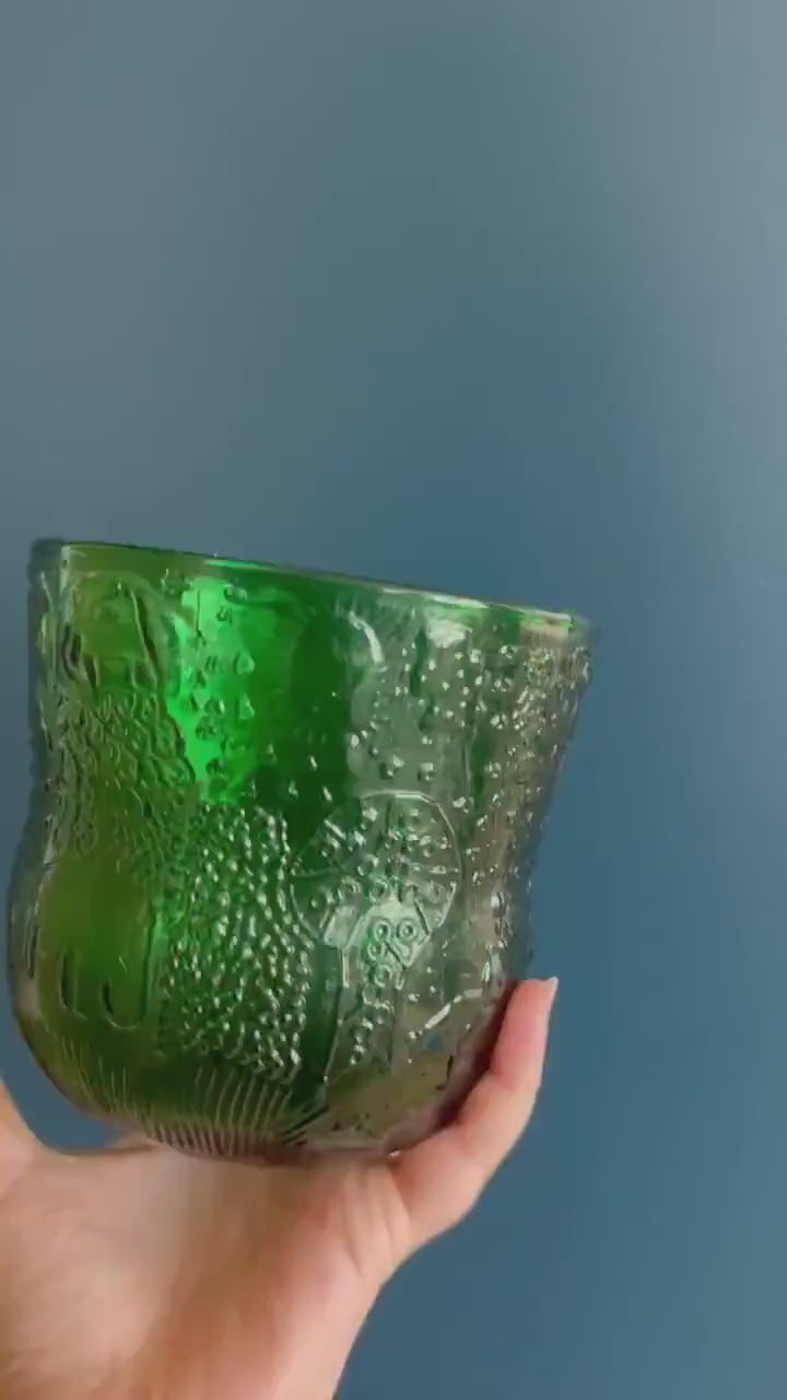 Iittala of Finland Ice Bucket Bowl in Green Glass with Raised Fauna Design - Midcentury Modern Green Glass Bowl