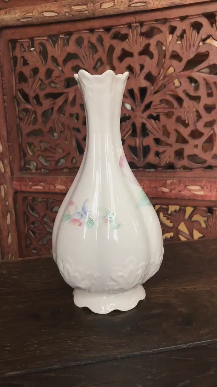 Pastel Watercolor Floral Porcelain Vase with Repousse and Scallop Edge Details - Vintage Aynsley Little Sweetheart Vase