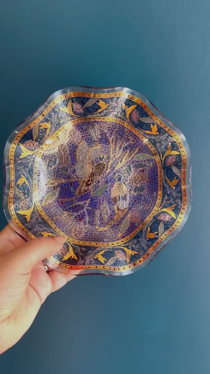 Gilded Blue/Gold Wave Edge Plate with Bird Pheasant Design - Vintage Colorful Glass Plate